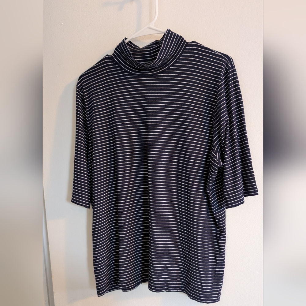 Ralph Lauren Women's Navy and White Striped Short Sleeve Turtleneck